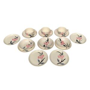 Vintage Unmarked Handpainted White Pink Floral Leaves Cups Saucers Small Plates